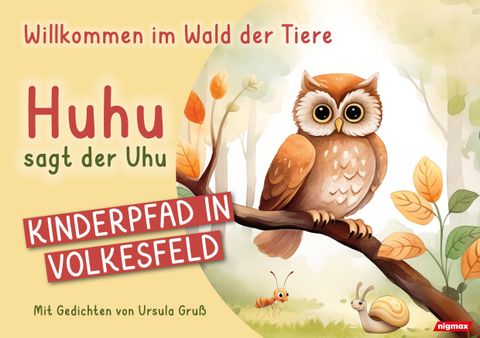 A cheerful owl sits on a branch and greets the children in the forest. The illustration looks inviting and is adorned with colorful animals and plants.