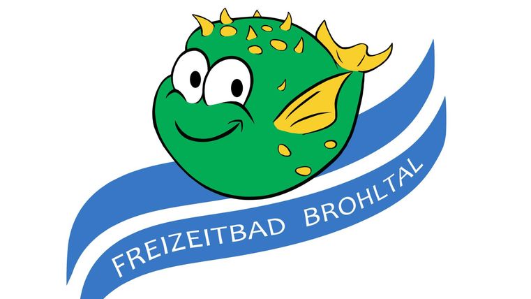Ein freundlicher, cartoonartiger Fisch mit einem lächelnden Gesicht. Er ist grün mit gelben und orangefarbenen Akzenten und steht für das Freizeitbad Brohltal.