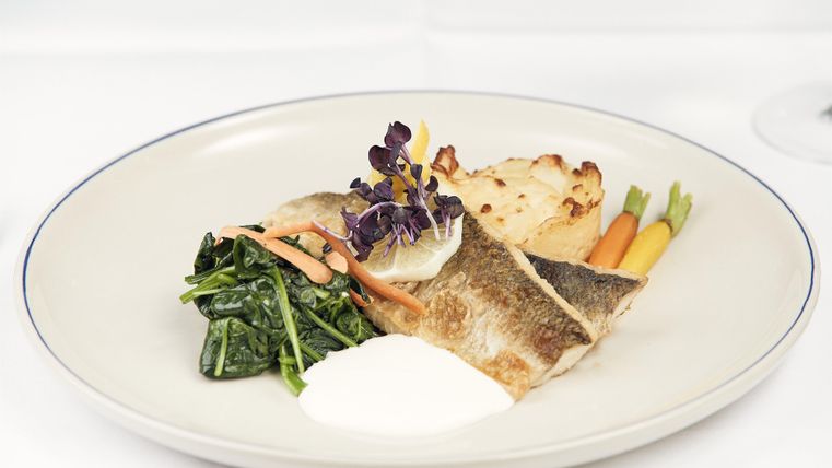 Ein elegantes Gericht mit gebratenem Fisch, frischem Gemüse und einer Beilagensauce. Die Präsentation ist ansprechend und farbenfroh.