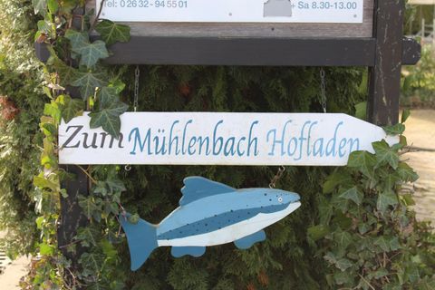 Ein Schild mit der Aufschrift "Zum Mühlenbach Hoffladen" und einem gemalten Fisch. Das Schild ist von Efeu umrahmt und vermittelt eine einladende Atmosphäre.