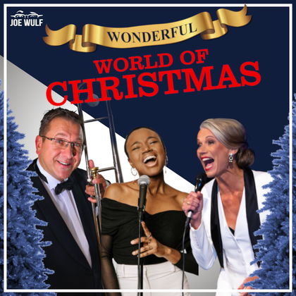 Een feestelijke scène met drie performers in elegante kleding. Op de achtergrond staat "Wonderful World of Christmas" in opvallende letters.