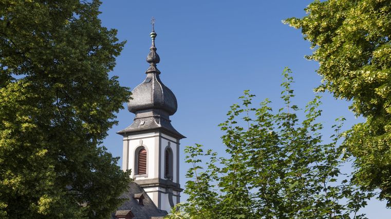 A church tower peak rises above green trees. The sky is clear and blue.
