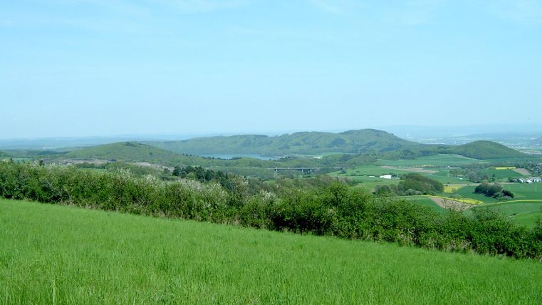 Eine grüne Wiesenlandschaft mit sanften Hügeln im Hintergrund. Der Himmel ist klar und blau.