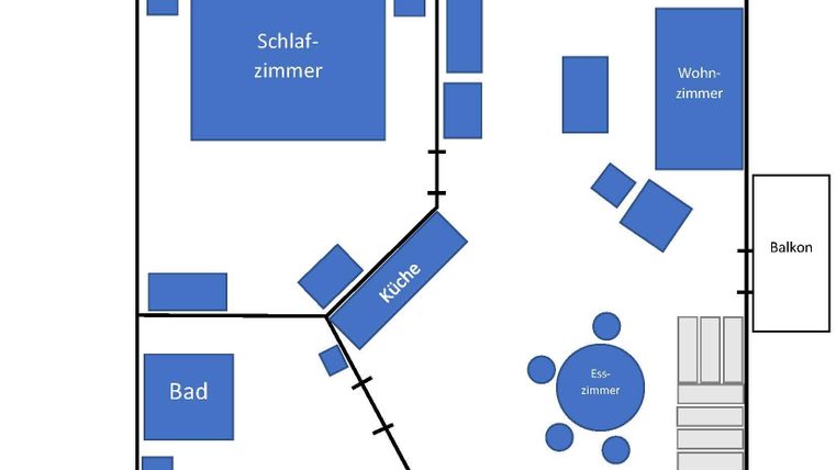 An apartment with several rooms, displayed in a floor plan. Visible are a bedroom, a living room, a kitchen, a dining room, a bathroom, and a balcony.