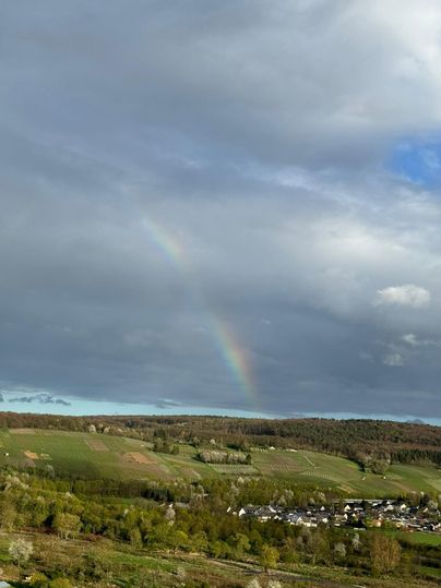 Ein Regenbogen erscheint über einer malerischen Landschaft mit Hügeln und Feldern. Die Wolken sind grau, während die Natur in frischen Grüntönen erstrahlt.