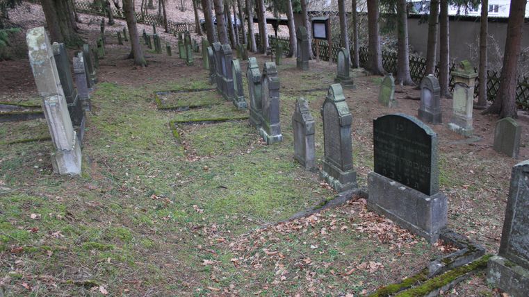 Ein ruhiger Friedhof, umgeben von Bäumen. Viele Grabsteine sind auf dem grünen, moosbedeckten Boden verteilt.