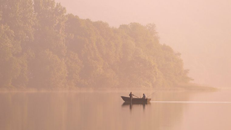 A calm lake at dawn, surrounded by trees. Two people are rowing in a boat on the still water.