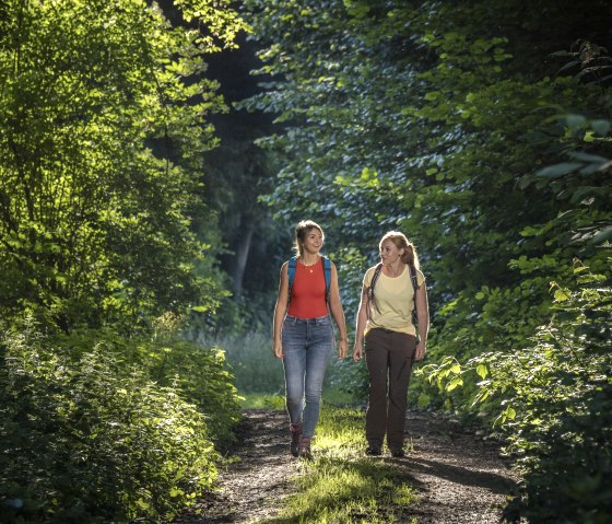 Zwei Frauen wandern auf einem sonnigen Waldweg, umgeben von &uuml;ppigem Gr&uuml;n. Sie tragen Rucks&auml;cke und unterhalten sich entspannt., &copy; Kappest_REMET