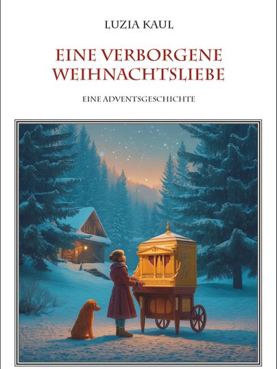 Ein Mädchen sitzt im Schnee neben einem Hund. Im Hintergrund sind verschneite Bäume und ein Abendhimmel zu sehen.