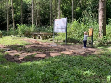 Ein kleiner Junge steht in einem Waldgebiet und schaut auf ein Informationsschild. Der Weg ist mit Pflastersteinen ausgelegt, und im Hintergrund sind Bänke und viel Grün zu sehen.