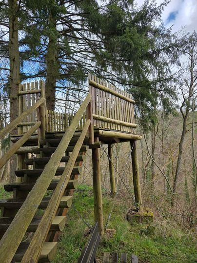 A wooden observatory stands on stilts in the forest.
Stairs lead to a balcony with a view.