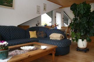 Ein gemütliches Wohnzimmer mit einem blauen Sofa und einem Holztisch. Im Hintergrund stehen Pflanzen und es gibt Fenster mit natürlichem Licht.