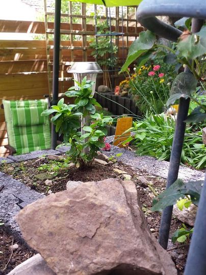 Ein kleiner Garten mit einer grünen Umbrella und bunten Blumen. Im Vordergrund liegen Steine, während im Hintergrund Pflanzen und eine Gartenlaterne sichtbar sind.