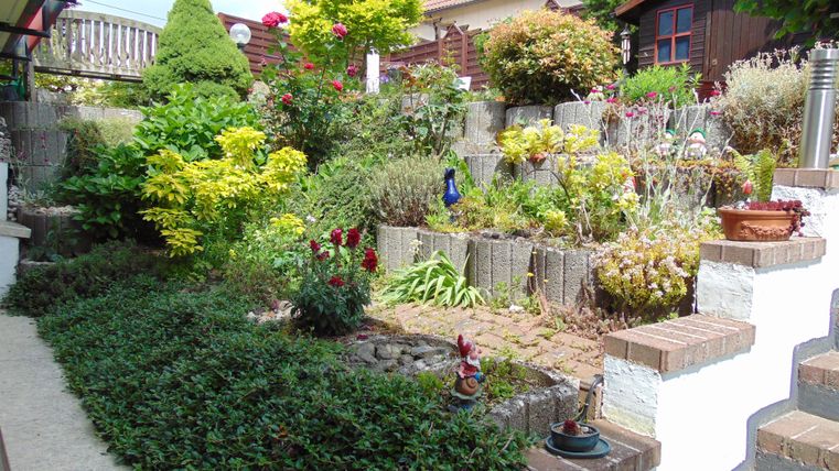 A beautiful garden with colorful flowers and green plants. The area is neatly arranged and has different levels.