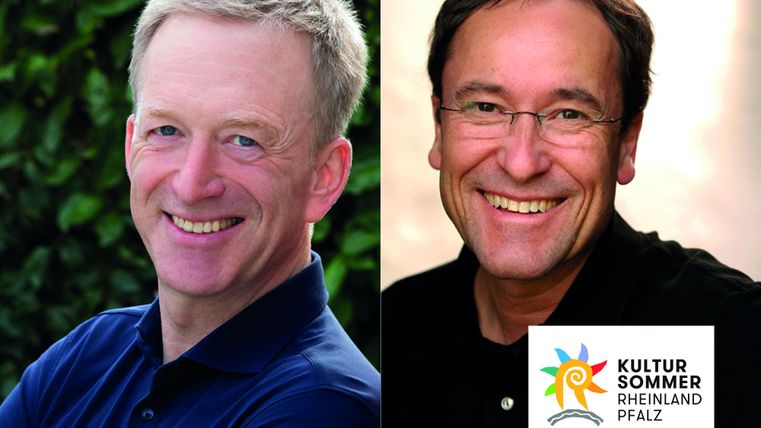Two men are smiling at the camera. In the bottom right, the logo of the Rheinland-Palatinate Culture Summer is visible.