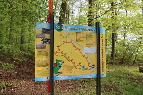 An information sign in the forest describes an adventure trail. The path is colorfully marked and showcases various stations.