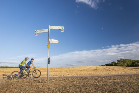 Zwei Radfahrer stehen an einem Wegweiser in einem offenen Feld. Der Himmel ist klar und blau, und die Landschaft strahlt Ruhe aus.