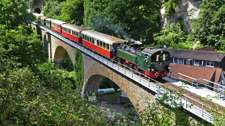 Eine Dampflok fährt über eine beeindruckende Brücke inmitten von grünen Bäumen. Der Zug hat mehrere bunte Waggons und dampft fröhlich voran.