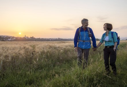 Ein Paar wandert bei Sonnenuntergang durch ein Feld. Im Hintergrund ist eine Stadt zu sehen., &copy; Kappest_REMET