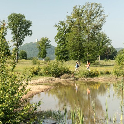 Wandelen op het Rodder Maar, kasteel Olbr&uuml;ck op de achtergrond, &copy; Eifel Tourismus GmbH, D. Ketz